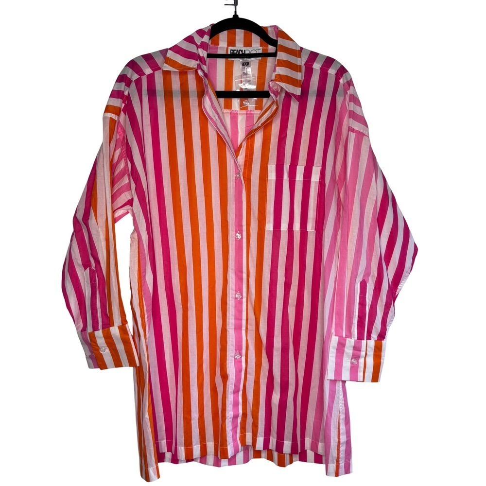 BEACH RIOT Striped Oversized Button Down Shirt Pink Orange Cotton S M